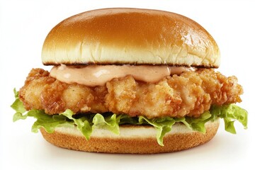 Delicious crispy chicken burger with fresh lettuce and tasty sauce on a sesame bun against white background
