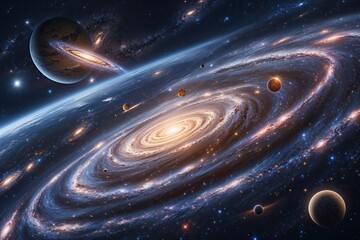 Exploring Earth's Orbit in a Beautiful Spiral Galaxy Surrounded by Glowing Celestial Bodies