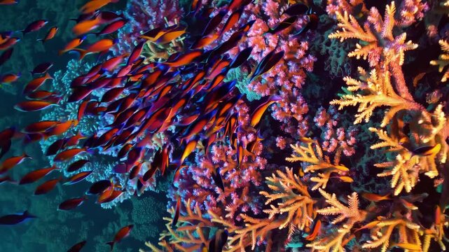 Vibrant coral reef scene with colorful fish swarming amidst lively underwater ecosystem. 4k stock footage