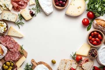 Elegant charcuterie arrangement featuring an exquisite array of cheese olives salami bread and greenery ideal for culinary advertising