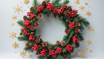 Festive Christmas wreath. Circular frame crafted from branches adorned with cones, artificial red berries, and decorative snowflakes. Wreath set against a white background, featuring copy space.