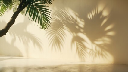 Abstract silhouette shadow background of natural leaves tree branch on wall. Blurry transparent shadow of tropical leaves illuminated by morning sunlight.