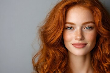 Fototapeta premium Portrait of smiling redhead fashion model with freckles showing long, healthy hair