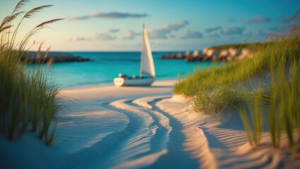 Walking through the sandy dunes towards the beach to view a boat