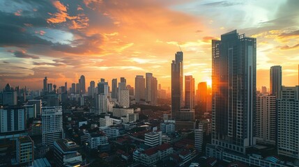 Fototapeta premium Urban cityscape featuring high rise buildings under a sunset sky. stock photo --ar 16:9 --style raw --v 6 Job ID: 697fd5c3-2012-4ec3-a409-3ebb1ede735f
