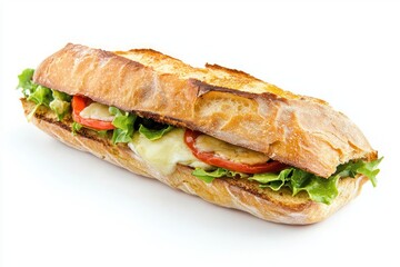 Freshly Baked Baguette Sandwich with Mozzarella Tomato and Lettuce on a White Tabletop in Studio Setting