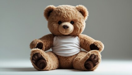 Obraz premium Warm cuddly brown teddy bear seated, white background, space available for text, can incorporate text or image on t-shirt.