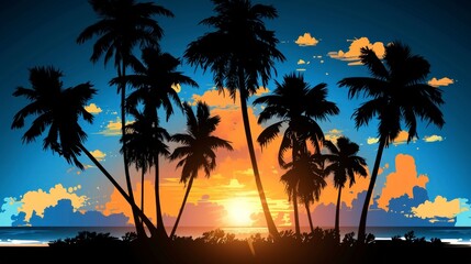 Obraz premium Tropical Sunset Beach Palm Trees Silhouette Ocean View Summer Vacation