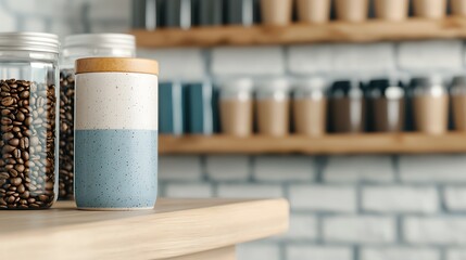 A ceramic cup sits on a wooden counter next to jars of coffee beans, with a stylish shelf showcasing various containers in the background.