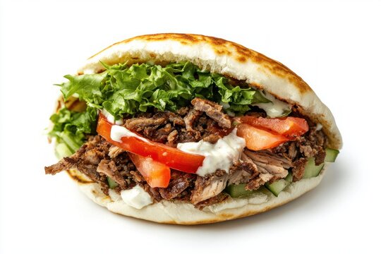 Delicious shawarma pita sandwich with grilled meat fresh tomato lettuce and creamy sauce on white plain background