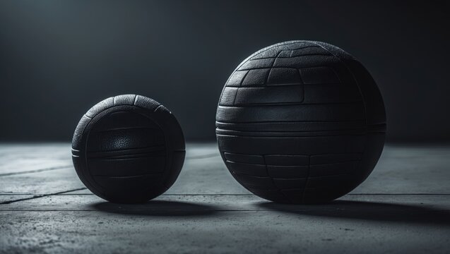 Weighted slam balls lying on the gym floor, with no one present. Dark backdrop.