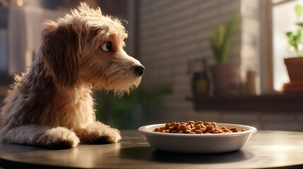 A cute fluffy puppy in a bowl, isolated, with white and fur