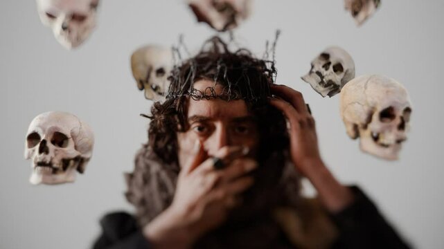 The dramatic Shakespearean hero is terrified by wearing a crown on his head, he is surrounded by ghosts, flying skulls, a surreal concept on an abstract background. Hamlet in modern grunge or post