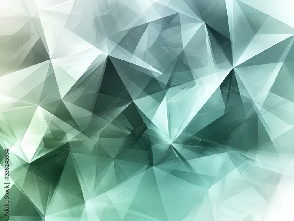 Poster abstract geometric background with overlapping translucent polygons in shades of green, creating a d