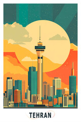 Obraz premium Tehran, Iran illustrated poster in retro style. Vintage travel booklet, postcard, print, cover with urban skyline, landmarks