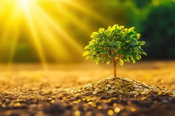 A small tree grows from a mound of coins, illuminated by sunlight, symbolizing growth, prosperity, and wealth.