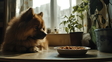 A cute fluffy Pomeranian puppy in a bowl, isolated, with white and brown fur
