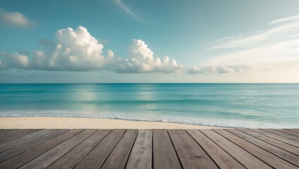 Fototapeta premium The blurred serene sea backdrop with a wooden floor in the foreground at the horizon of a tropical sandy beach; a relaxing outdoor vacation with a heavenly perspective at a resort deck under sunlig...