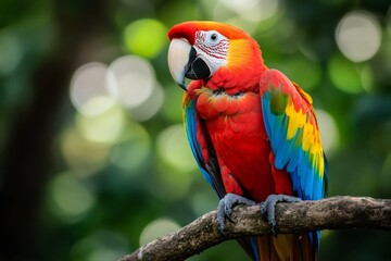 Obraz premium Scarlet macaw perching on branch in lush green forest