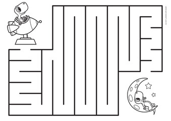 Vector black lines for maze print. A4 format. Educational maze coloring book with a cute cartoon little dinosaur who wants to fly to the moon. Landscape size.