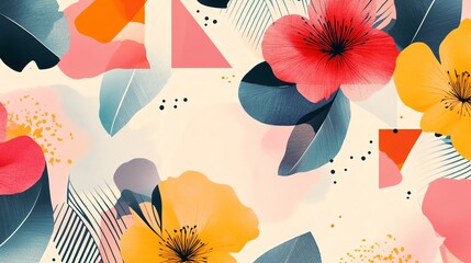 Vibrant floral pattern with colorful flowers and leaves on a soft background. - obrazy, fototapety, plakaty
