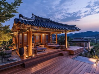 Traditional Asian structure sits atop a wooden deck overlooking mountains and valleys