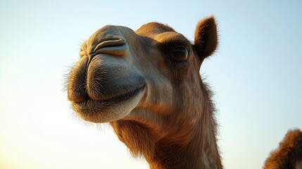 Close-Up of a Smiling Camel Against a Clear Sky Background