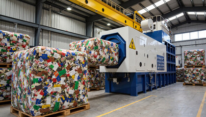 Industrial baler machine in recycling center, promoting sustainability