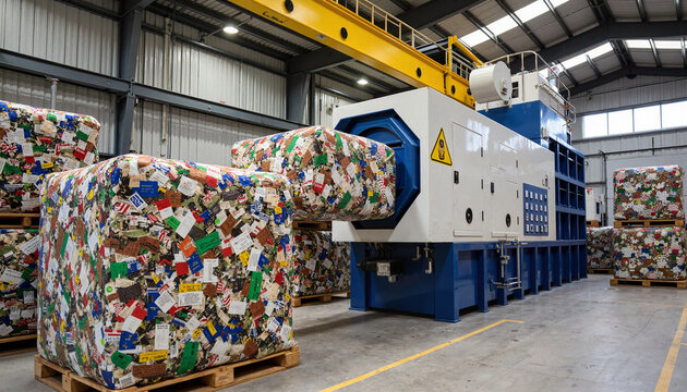 Industrial baler machine in recycling center, promoting sustainability
