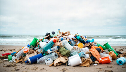 Plastic waste washed ashore on beach under overcast sky, environmental awareness