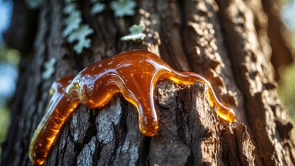 Tree Sap Amber Hue and Tree Bark Close Up