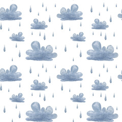 Watercolor rainy clouds seamless pattern on a white background