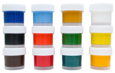 Jars of gouache paints isolated on a transparent background. PNG.