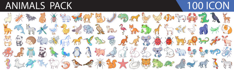 Fototapeta premium Animals Icon Set – 100 Colorful Flat Design Animal Icons for Kids, Education, Wildlife, and Nature Projects-A fun and colorful collection of 100 flat design animal icons, perfect for kids, education,