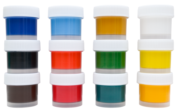 Jars of gouache paints isolated on a transparent background. PNG. - Powered by Adobe