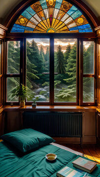 Cozy room, table, bed, many books, paintings, view from the window of the forest