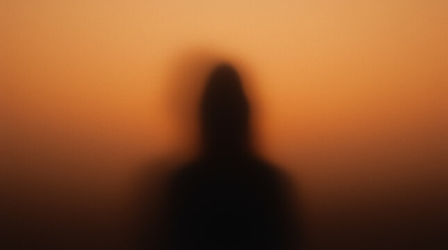 A blurred silhouette of a person standing against a sunset sky with orange and golden tones