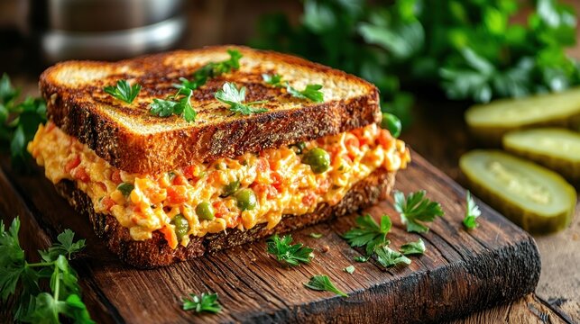 Delicious pimento cheese sandwich with toasted bread on wood surface macro angle appetizing meal