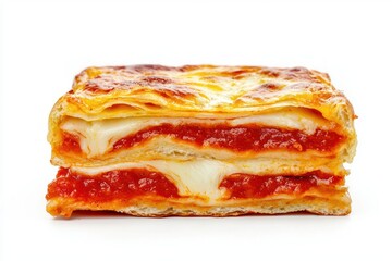 Delicious Lasagna Stack Showcasing Rich Tomato Sauce and Creamy Cheese on Bright White Backdrop Close Up Shot