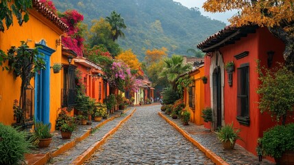 Fototapeta premium Colorful Colonial Streets in a Tranquil Mexican Town. Generative AI