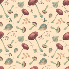 Watercolor autumn mushrooms seamless pattern on a beige background