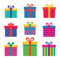 Set of Christmas gifts, New Year presents, gift boxes with ribbons, vector illustration in flat style, Colorful present boxes with bright ribbons and bows, modern packing, decorative stylish wrap flat