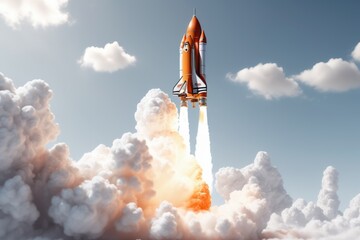 Fototapeta premium Rocket soaring into the sky with smoke and steam rising from industrial chimneys in the background