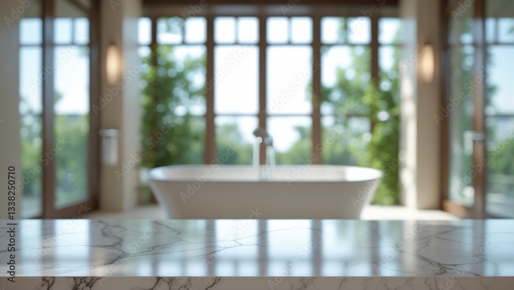 Poster Blurred background and marble countertop surface suitable for mockup of product displays or design layouts.