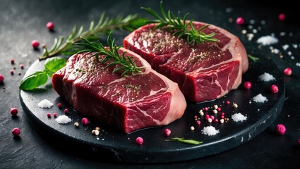 Two uncooked ribeye beef steaks seasoned on a platter. Prepared for cooking. Set against a dark stone backdrop. Aerial view.