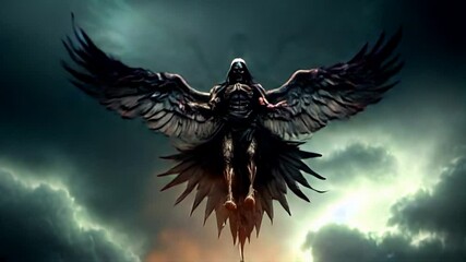 A creepy mythological character with wings. Spooky video clip for Halloween. Scary monster from nightmares in horror fantasy genre.
