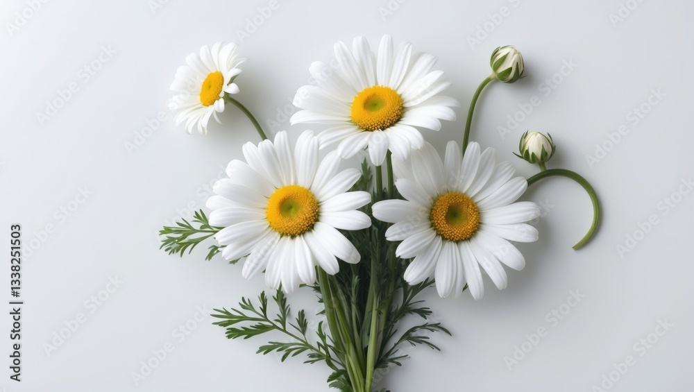 Poster bouquet of white chamomiles on a white background. wild chamomile in the field. spring or summer blo