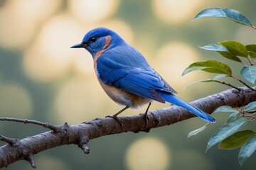 Fototapeta premium blue little bird on a branch with bokeh background