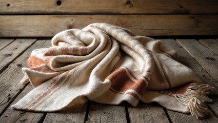 Warm wool blanket draped over a wooden surface.
