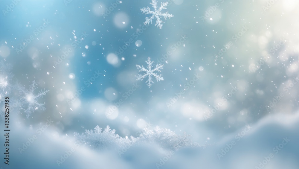 Poster blue snowfall bokeh backdrop, abstract snowflake design on a blurred background